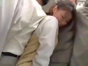 『あたってるんですけど…！』女子校生を電車痴漢→トイレに移動し生性行為！美少女の無料エロ動画